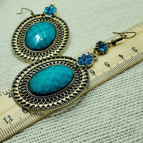 Bold Antiqued Swirl Gem Earrings Turquoise Bronze - Picture 5 of 6